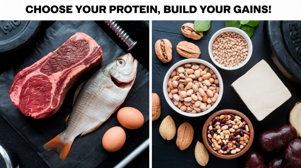 A side-by-side image comparison of animal-based (meat, fish, eggs) vs. plant-based proteins (beans, tofu, nuts), with the captions "Choose your protein, build your gains!"