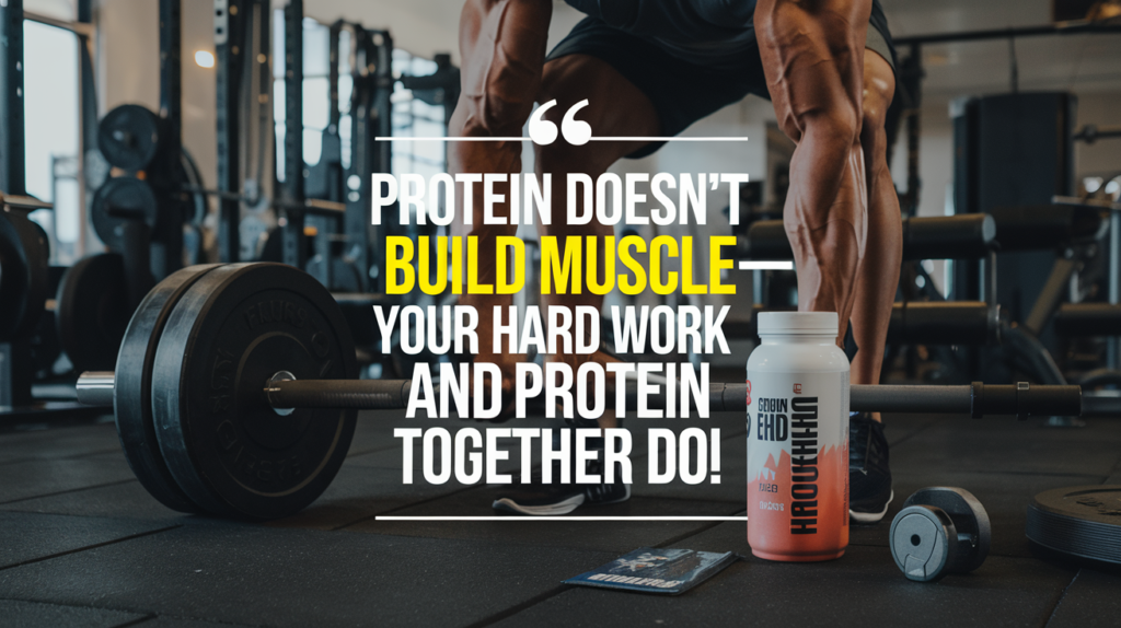 An inspiring gym-themed photo with the quote: “Protein doesn’t build muscle—your hard work and protein together do!”