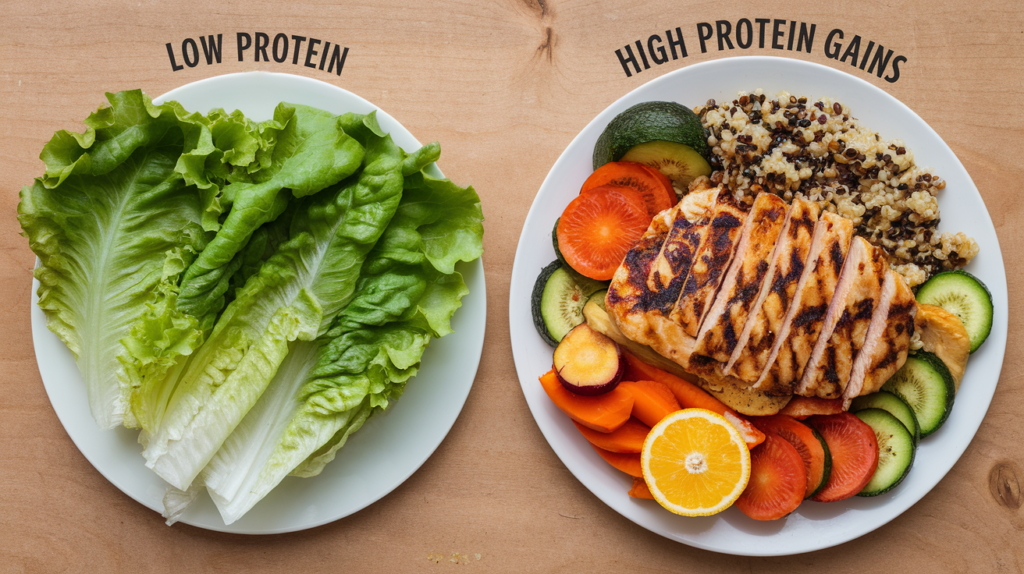 A side-by-side image comparison of animal-based (meat, fish, eggs) vs. plant-based proteins (beans, tofu, nuts). 