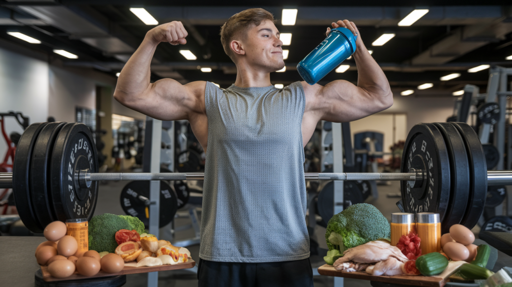 A humorous photo of a gym-goer holding a protein shaker like a trophy, with an exaggerated, cartoonish flex of their biceps. 