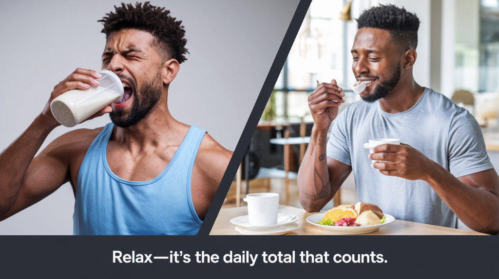 A split image showing someone panicking to drink a shake post-workout vs. a calm person enjoying their protein meal hours later. 