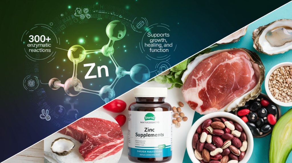 A layered infographic about the health benefits of zinc