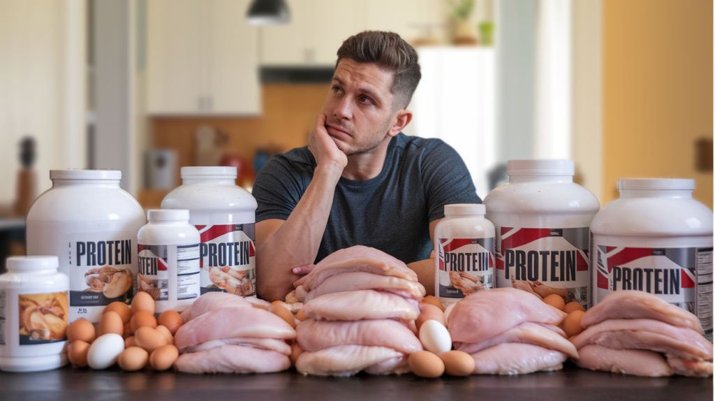 A humorous cartoon of someone sitting at a dinner table surrounded by an absurd amount of chicken breasts, eggs, and protein powder, with the caption, “Too much of a good thing?”