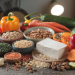 A vibrant flat lay of various plant-based protein sources like lentils, tofu, nuts, seeds, and colorful vegetables arranged on a rustic wooden table